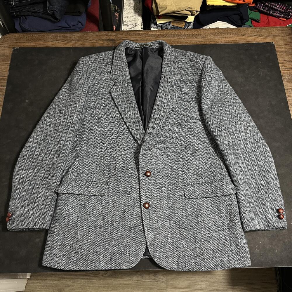 Austin Reed Harris Tweed Blazer Mens 44 Gray Herringbone Wool Sport Coat England